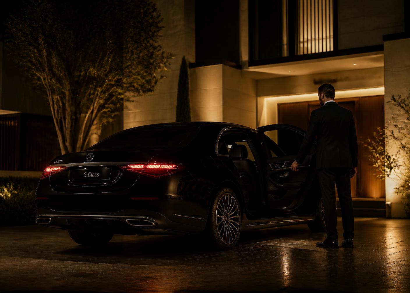 Chauffeur opening the door of a black Mercedes-Benz S-Class at night